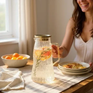 Çelik Kapaklı Geniş Hacimli Cam Sürahi 1800 ml – Su, Limonata, Detox Suyu Sürahisi Isıya Dayanıklı